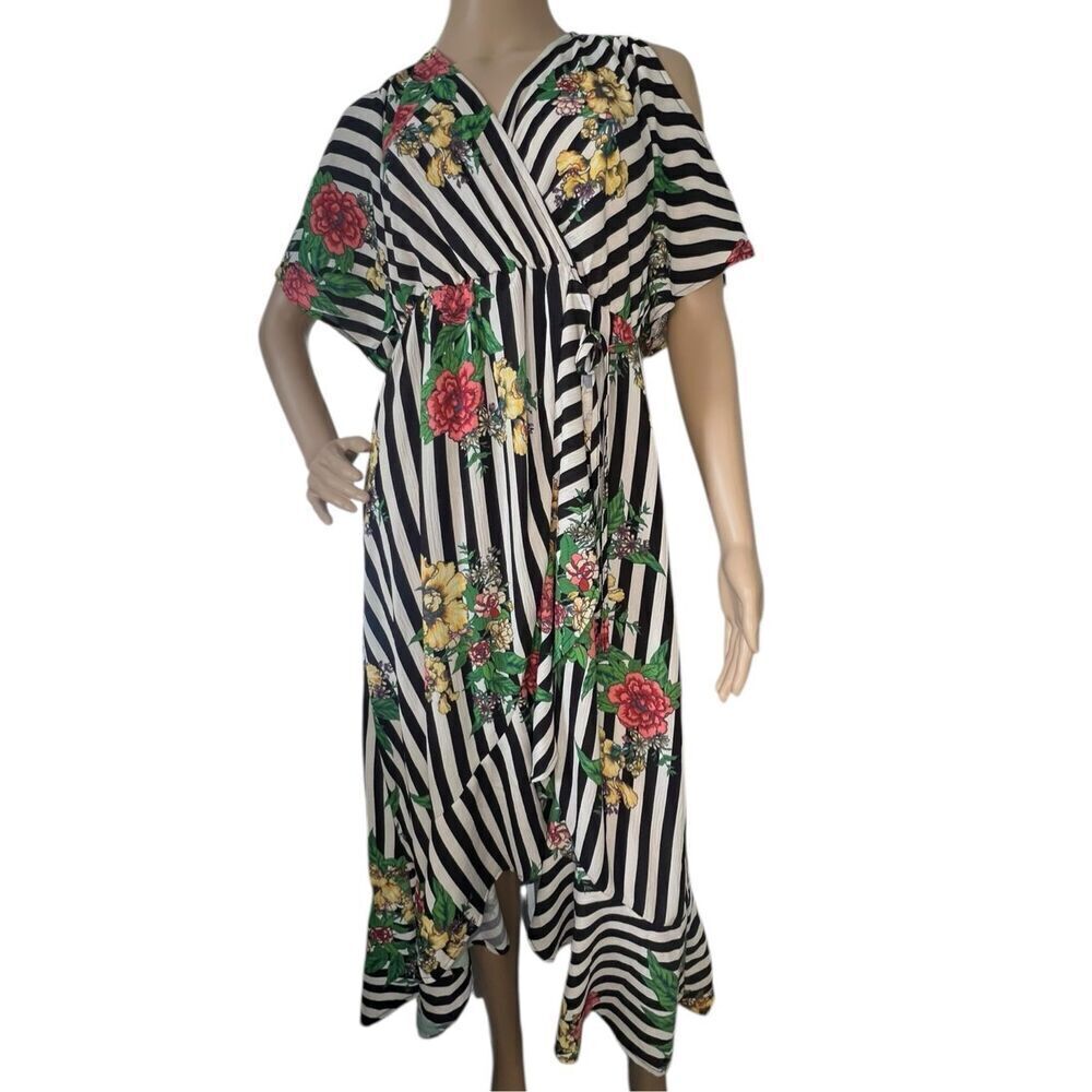 Flying Tomato Striped and Floral Pattern High/Low Wrap Dress